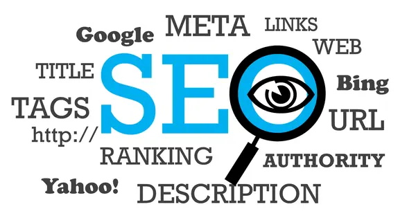 A blue and black text with a magnifying glass and eye